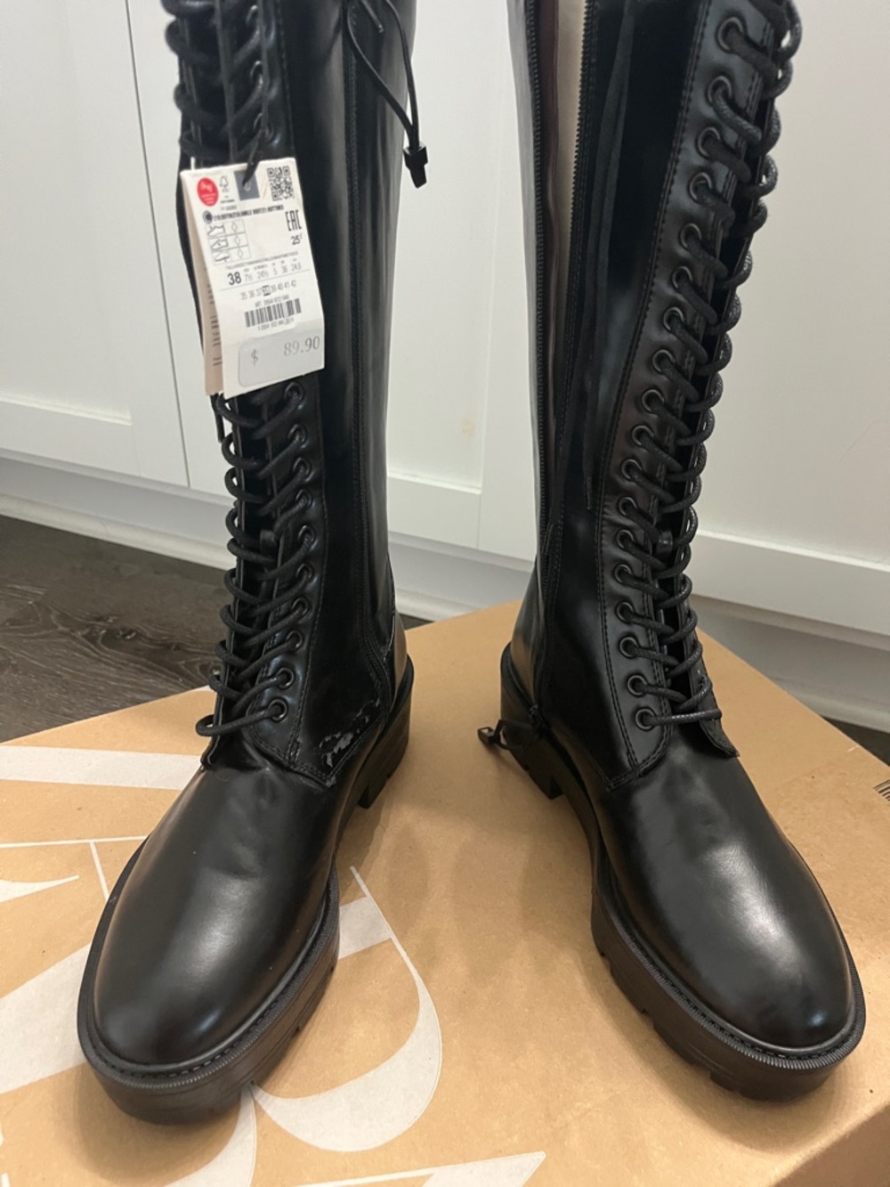 Zara Black Lace-Up Tall Combat Boots - Picture 8 of 12